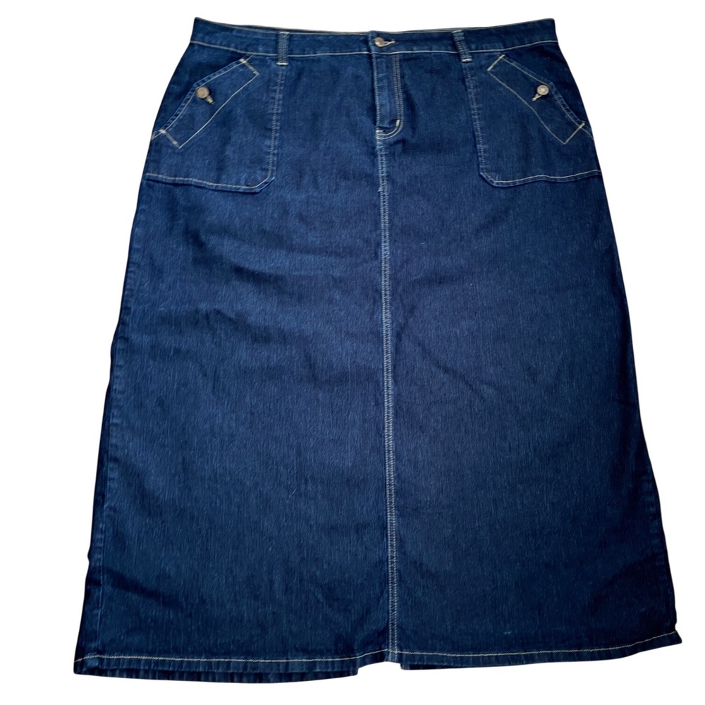 Twah Jeans Dark Wash Denim Midi Skirt Ramie Blend 90s Style Plus 22